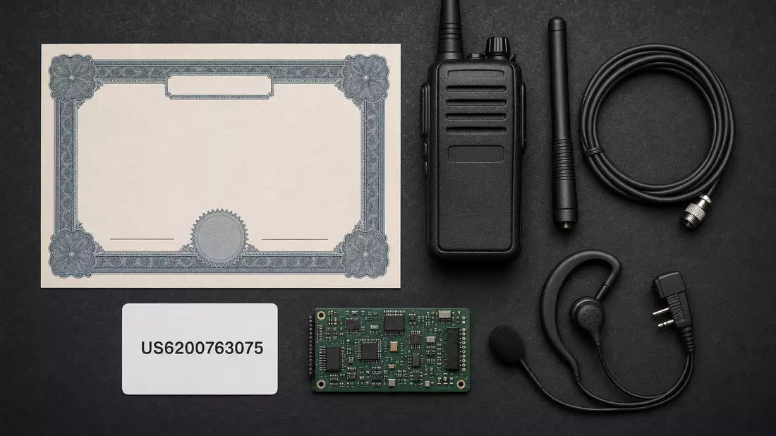Flatlay Aktienzertifikat, ISIN-Karte und Funktechnik, Motorola Solutions