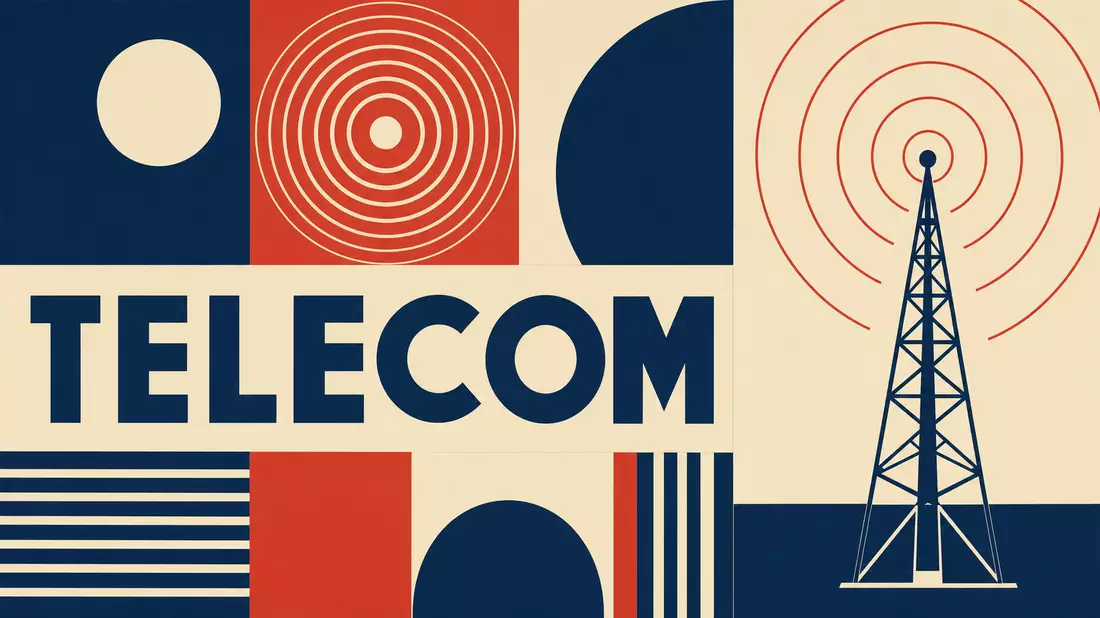 Bauhaus-Poster Funkmast und Schriftzug TELECOM, Aktie Motorola Solutions
