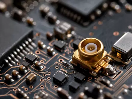 Motorola Solutions (ISIN US6200763075) Makroaufnahme einer Leiterplatte mit Kupferbahnen und Antennenanschluss in Detailschärfe - Foto: THN
