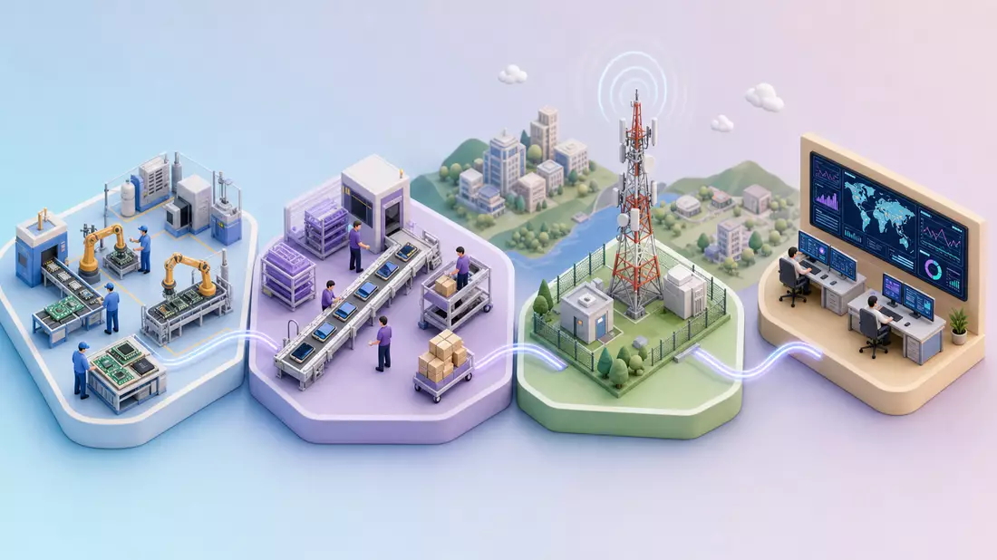 Isometrische Grafik Wertschöpfungskette Kommunikationstechnik, Motorola Solutions