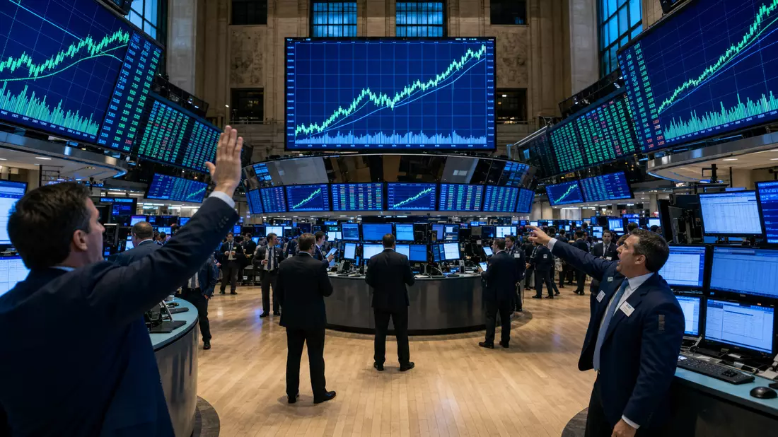 Trading-Floor mit Kurscharts auf Bildschirmen, Aktie Motorola Solutions