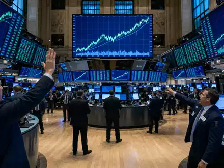 Motorola Solutions (ISIN US6200763075) Börsen-Editorial vom belebten Trading-Floor mit Kurscharts auf großen Bildschirmen - Foto: THN