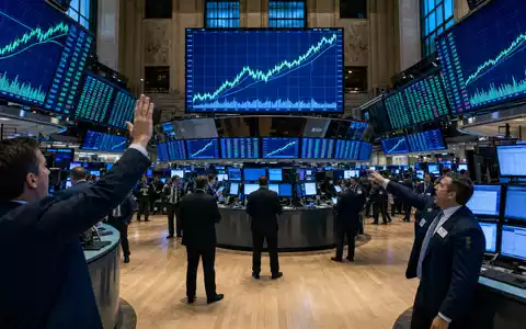Motorola Solutions (ISIN US6200763075) Börsen-Editorial vom belebten Trading-Floor mit Kurscharts auf großen Bildschirmen - Foto: THN