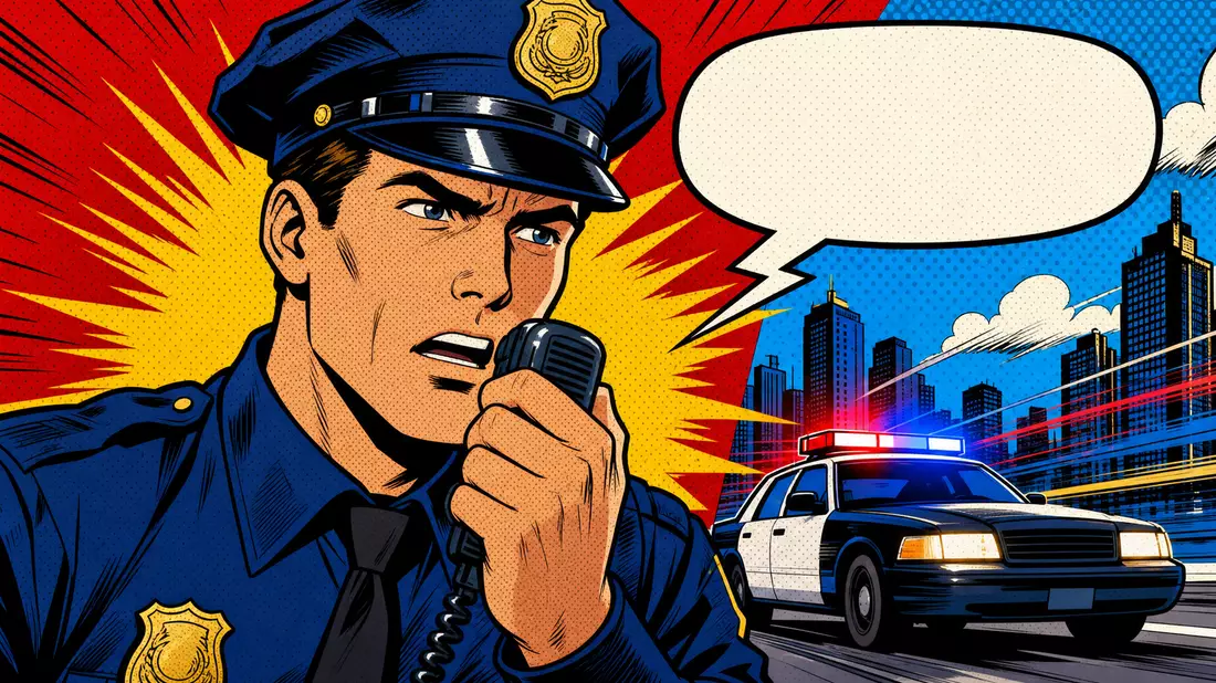Pop-Art-Comic Polizist mit Funkgerät und Streifenwagen, Motorola Solutions