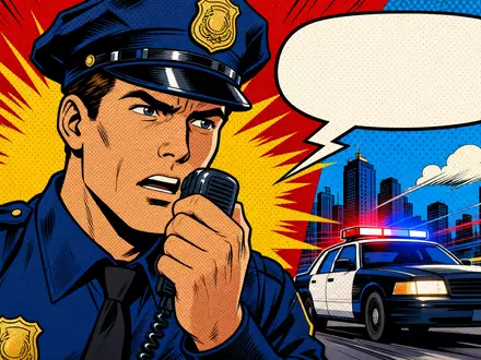Motorola Solutions (ISIN US6200763075) Pop-Art-Comic mit Polizist am Funkgerät und Streifenwagen vor Skyline im Hintergrund - Foto: THN