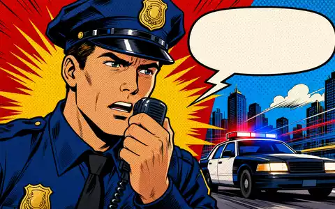 Motorola Solutions (ISIN US6200763075) Pop-Art-Comic mit Polizist am Funkgerät und Streifenwagen vor Skyline im Hintergrund - Foto: THN
