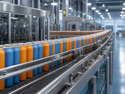 Fotorealistische Abfüllanlage zeigt unbeschriftete Dosen und symbolisiert Monster Beverage mit ISIN US61174X1090 im Getränkesektor heute - Foto: THN