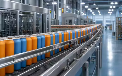 Fotorealistische Abfüllanlage zeigt unbeschriftete Dosen und symbolisiert Monster Beverage mit ISIN US61174X1090 im Getränkesektor heute - Foto: THN