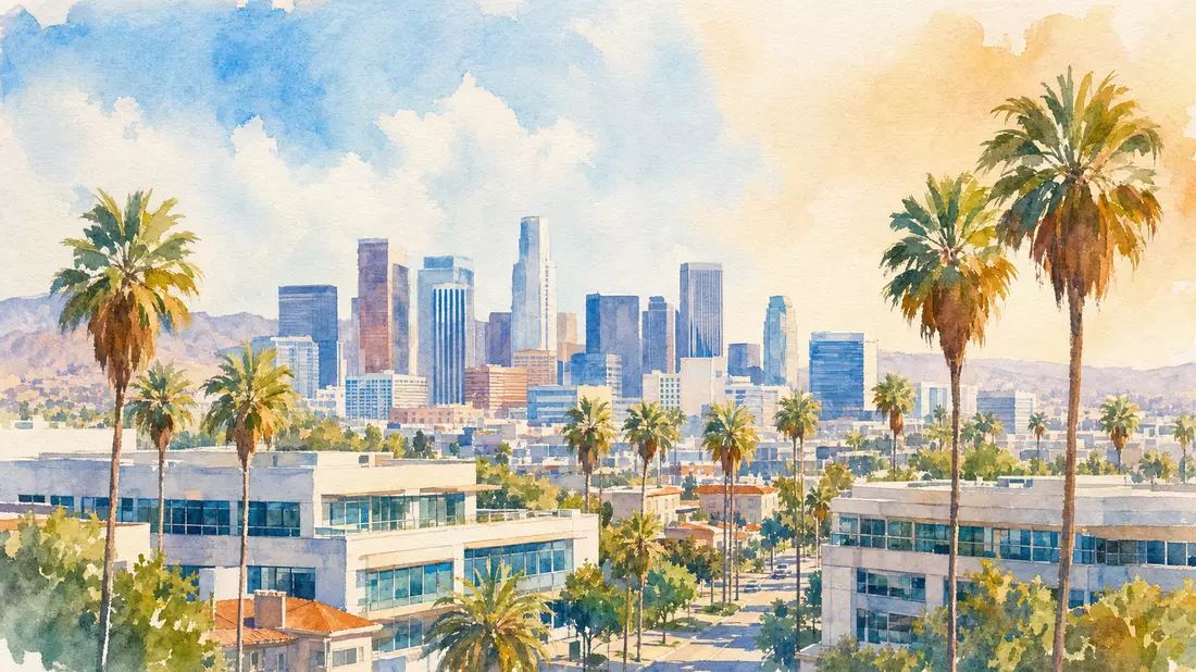 Aquarellbild einer kalifornischen Stadtskyline mit Palmen und modernen Bürogebäuden