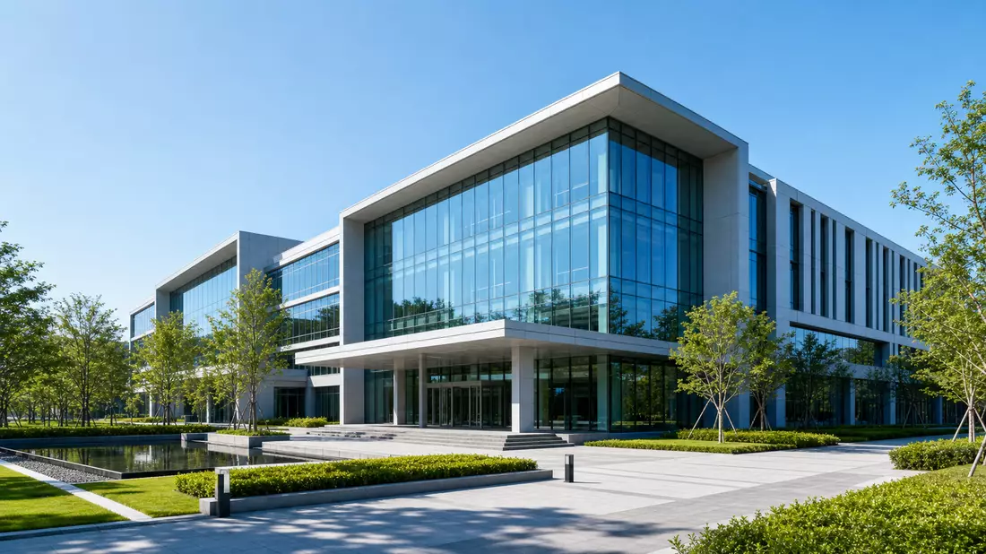 Architekturrender eines modernen Bürogebäudes mit Glasfassade und Grünanlagen