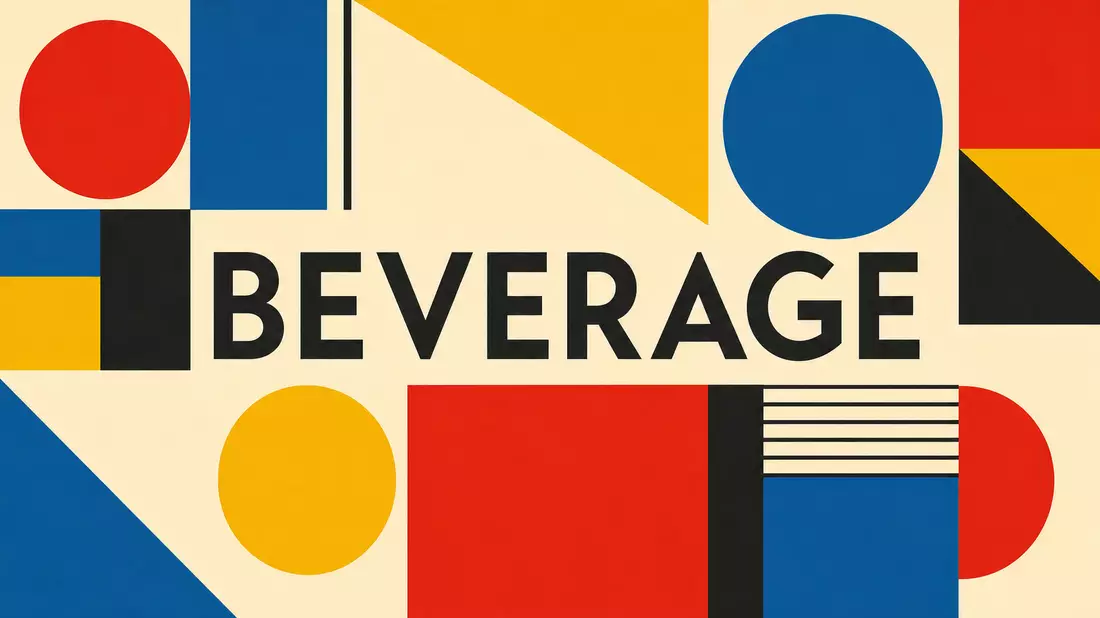Bauhaus-Poster mit geometrischen Formen in Rot Gelb Blau und dem Wort Beverage