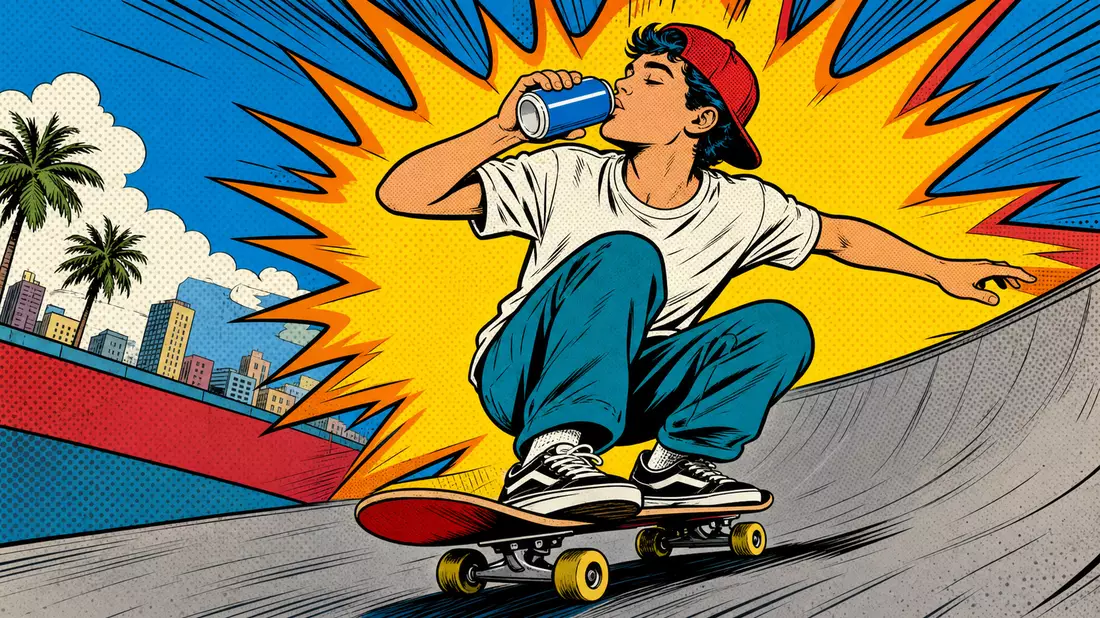 Pop-Art-Comicbild eines Skateboarders, der aus einer unbeschrifteten blauen Dose trinkt