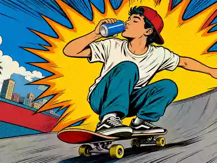 Farbenfrohe Pop-Art-Comicszene mit Skateboarder und Dose symbolisiert die Zielgruppe von Monster Beverage, ISIN US61174X1090 - Foto: THN