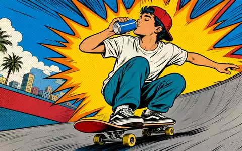 Farbenfrohe Pop-Art-Comicszene mit Skateboarder und Dose symbolisiert die Zielgruppe von Monster Beverage, ISIN US61174X1090 - Foto: THN