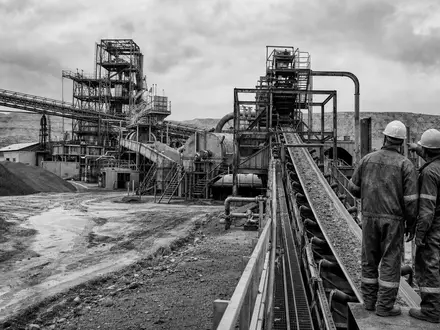 Mosaic Company US61945C1036 präsentiert eine dokumentarische Schwarzweiß-Reportage von zwei Bergleuten an einer großen Förderbandanlage - Foto: THN