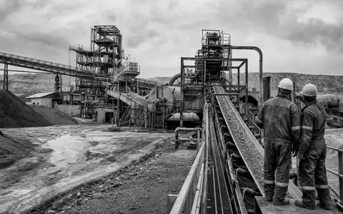 Mosaic Company US61945C1036 präsentiert eine dokumentarische Schwarzweiß-Reportage von zwei Bergleuten an einer großen Förderbandanlage - Foto: THN