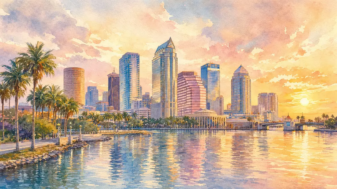 Aquarellmalerei der Tampa-Skyline mit Palmen und Wasserreflexionen bei Sonnenuntergang