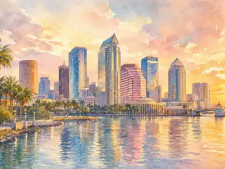 Mosaic Company US61945C1036 illustriert die Tampa-Skyline in warmer Aquarell-Optik am Wasser bei Sonnenuntergang - Foto: THN