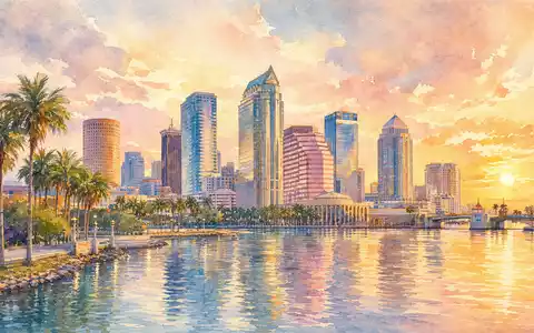 Mosaic Company US61945C1036 illustriert die Tampa-Skyline in warmer Aquarell-Optik am Wasser bei Sonnenuntergang - Foto: THN