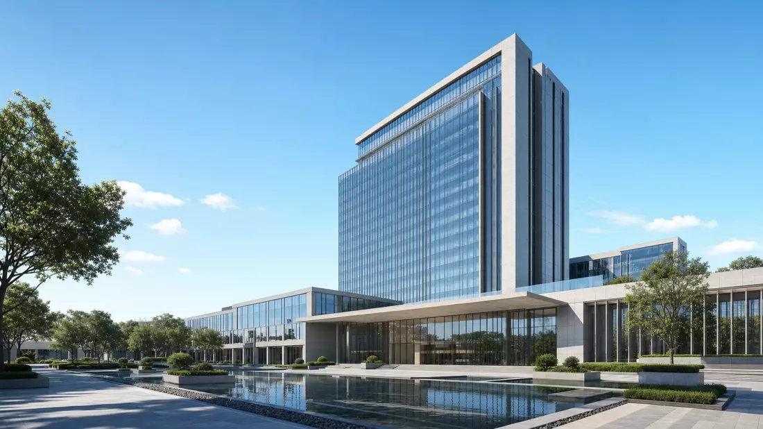 3D-Architekturrender eines modernen Glas-Bürohochhauses mit Wasserbecken und Grünflächen