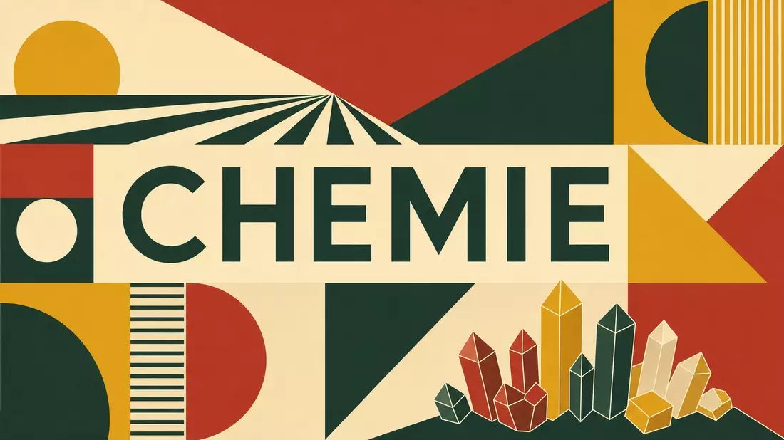 Geometrisches Bauhaus-Poster mit Kristallformen und großem Schriftzug CHEMIE