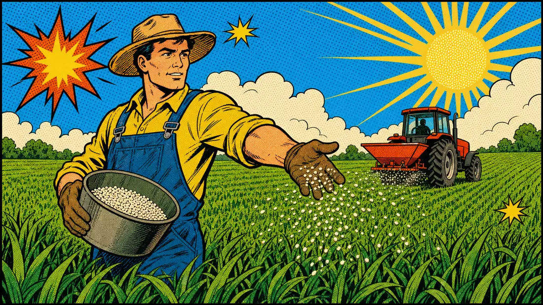 Pop-Art-Comic eines Landwirts, der Düngergranulat auf ein grünes Feld ausbringt