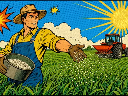 Mosaic Company US61945C1036 wird als farbenfrohes Pop-Art-Comic eines Bauern beim Düngerausbringen dargestellt - Foto: THN