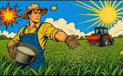 Mosaic Company US61945C1036 wird als farbenfrohes Pop-Art-Comic eines Bauern beim Düngerausbringen dargestellt - Foto: THN