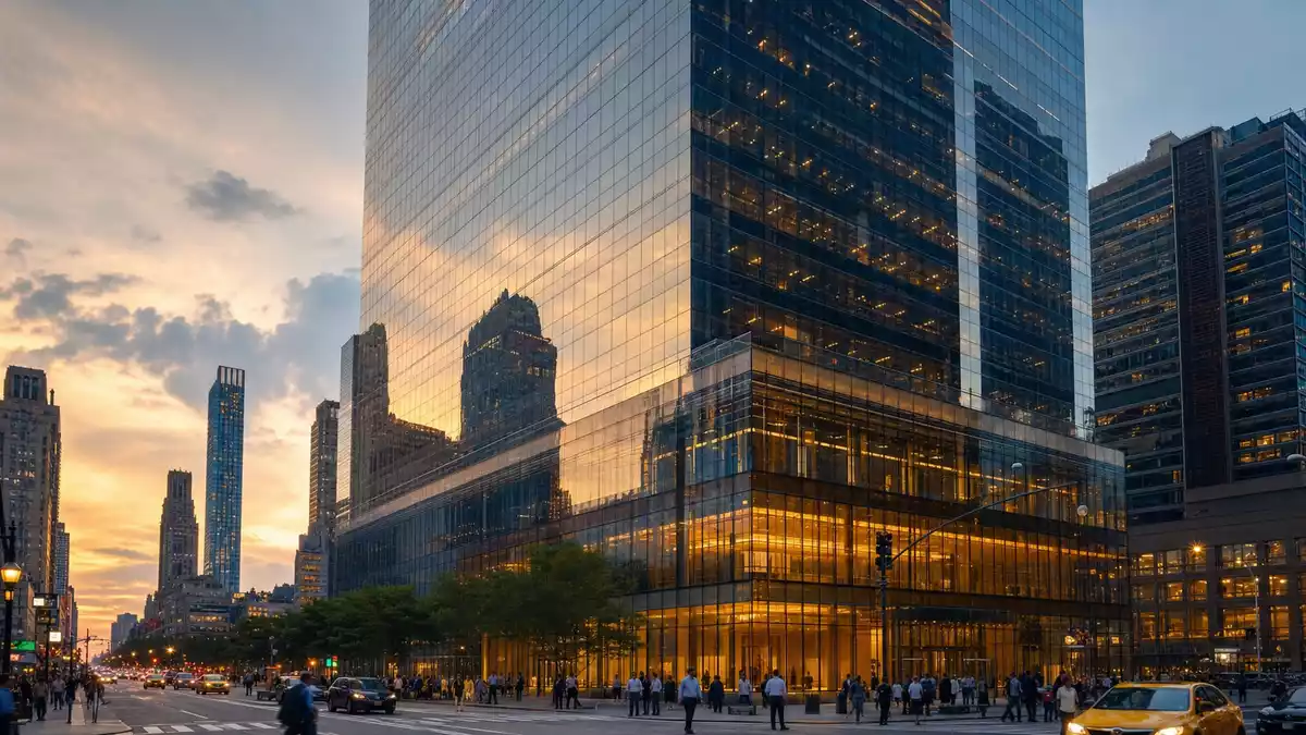 Glasfassade einer Bank-Zentrale im Finanzviertel bei Sonnenuntergang
