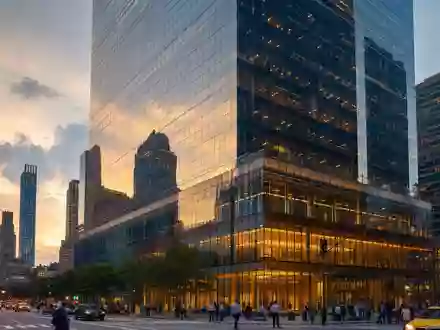 Fotorealistisches Bankgebäude bei Sonnenuntergang zeigt Morgan Stanley Aktie US6174464486 im Finanzdistrikt symbolisch - Foto: THN