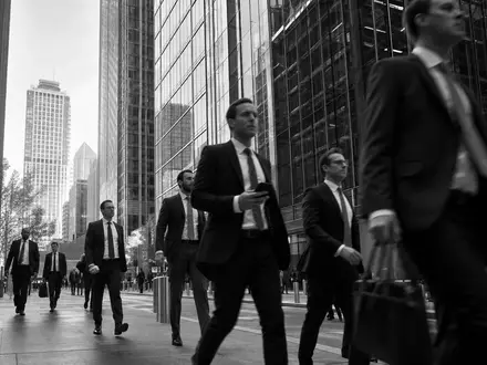 Schwarzweiß-Reportagefoto von Bankangestellten symbolisiert Morgan Stanley Aktie mit ISIN US6174464486 im Finanzviertel - Foto: THN