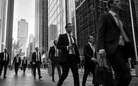 Schwarzweiß-Reportagefoto von Bankangestellten symbolisiert Morgan Stanley Aktie mit ISIN US6174464486 im Finanzviertel - Foto: THN