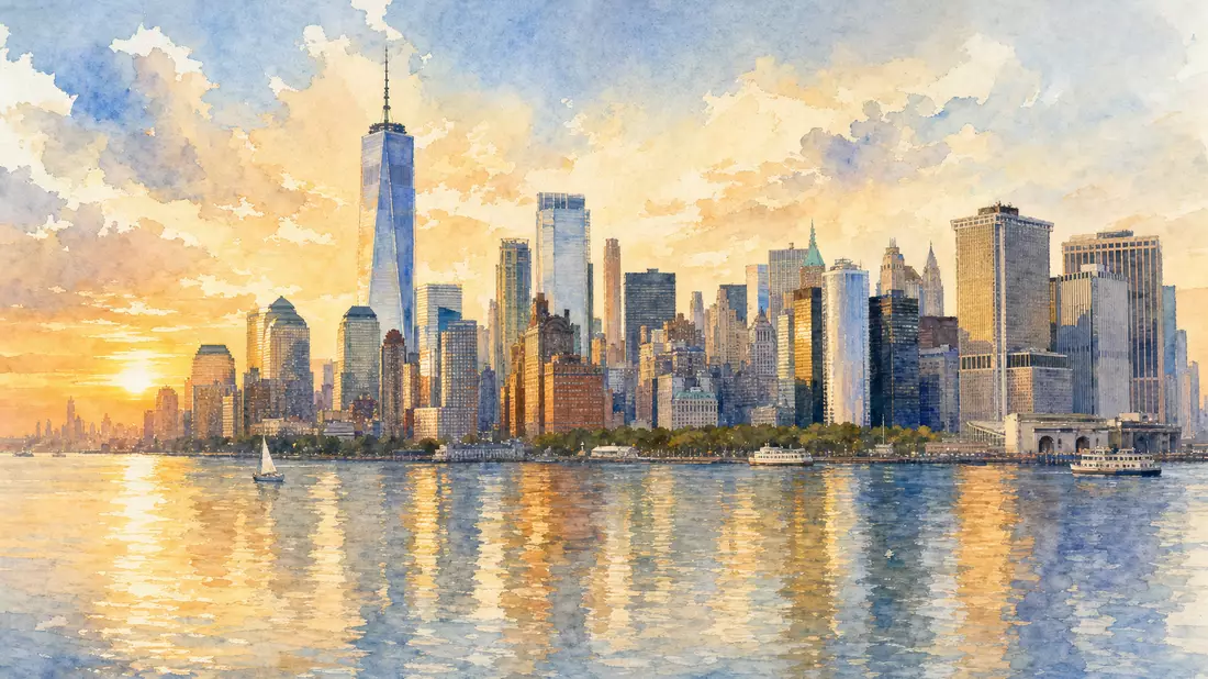 Aquarellbild einer Skyline mit Wolkenkratzern am Wasser bei Sonnenuntergang