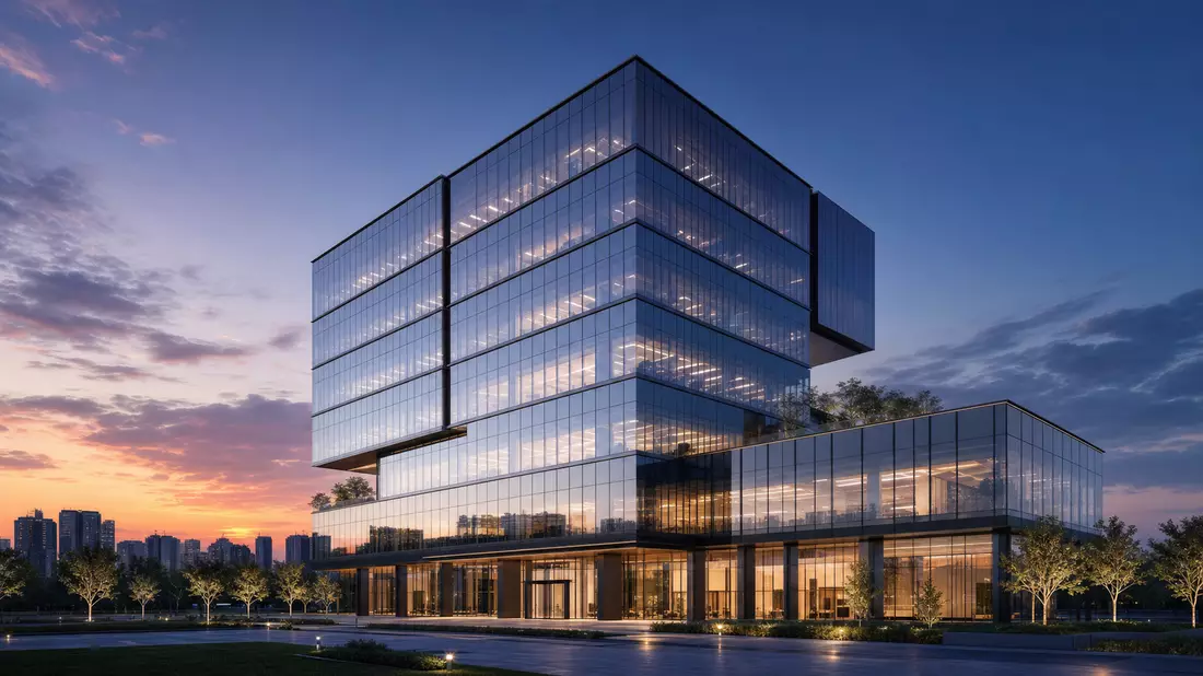 3D-Render eines modernen Glas-Bürohochhauses in der Abenddämmerung