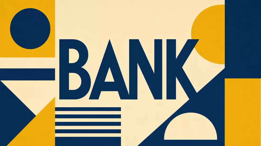 Bauhaus-Poster mit geometrischen Formen und dem Wort BANK