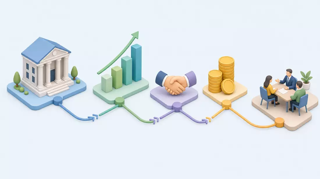 Isometrische 3D-Illustration einer Bank-Wertschöpfungskette mit Symbolen