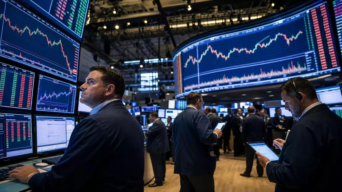 Trading-Floor mit Händlern vor großen Bildschirmen mit Börsencharts