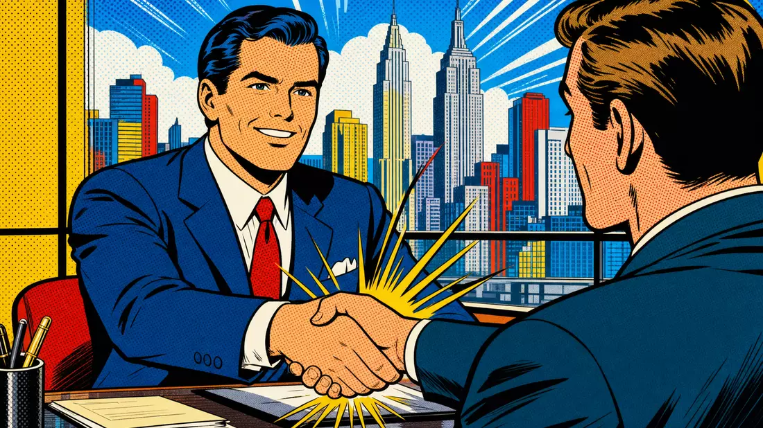 Pop-Art-Comic zeigt Banker beim Handschlag vor einer Skyline