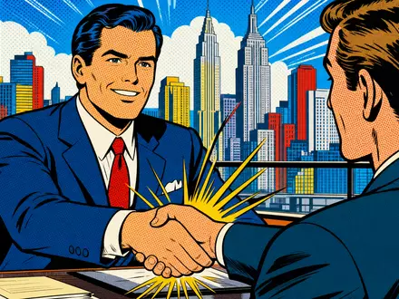 Pop-Art-Comic mit Bankgeschäft und Handschlag verbildlicht die Morgan Stanley Aktie mit ISIN US6174464486 stilisiert - Foto: THN