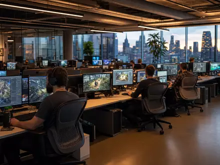 Electronic Arts zeigt ein modernes Entwicklerstudio mit bunten Monitoren, Stadtpanorama und ISIN US2855121099 - Foto: THN