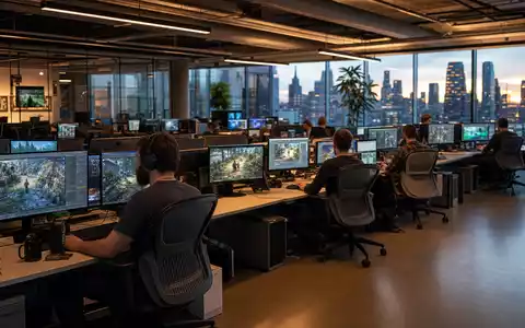 Electronic Arts zeigt ein modernes Entwicklerstudio mit bunten Monitoren, Stadtpanorama und ISIN US2855121099 - Foto: THN
