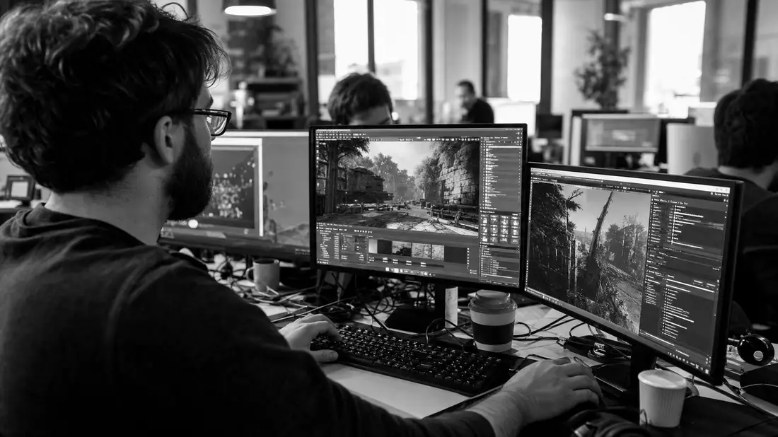 Schwarz-weiß Reportagefoto eines Electronic Arts Entwicklers, US2855121099