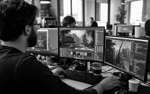 Electronic Arts Entwickler arbeitet hochkonzentriert im schwarz-weißen Reportagestil mit ISIN US2855121099 dokumentiert - Foto: THN