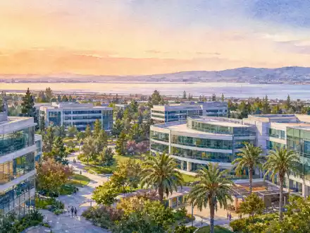 Electronic Arts Campus in Redwood City als farbiges Aquarell mit Bucht und ISIN US2855121099 - Foto: THN
