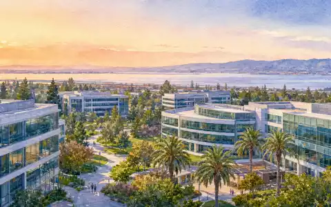 Electronic Arts Campus in Redwood City als farbiges Aquarell mit Bucht und ISIN US2855121099 - Foto: THN