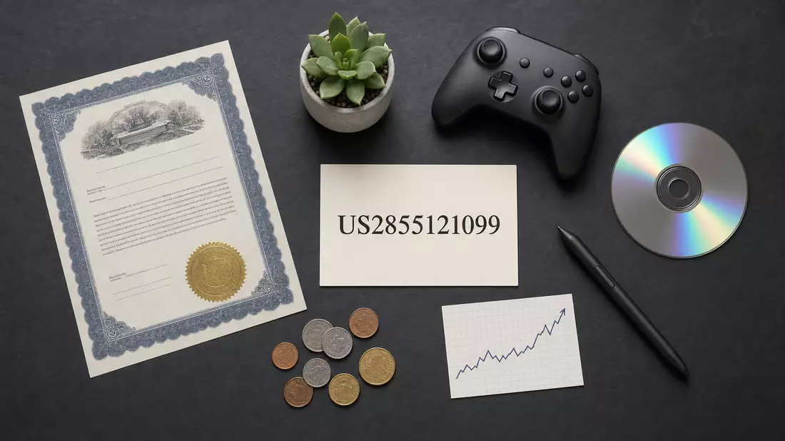 Flatlay mit ISIN-Karte US2855121099, Aktienzertifikat und Videospiel-Controller