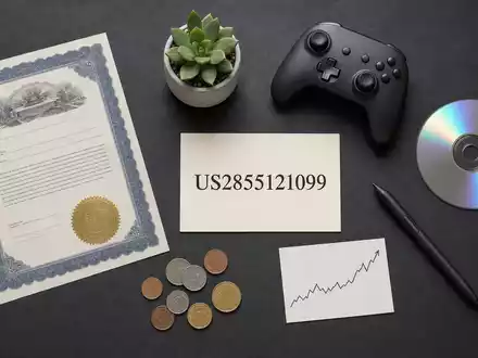 Electronic Arts Flatlay mit ISIN-Karte US2855121099 zeigt Aktienzertifikat und Videospiel-Controller auf Schiefer - Foto: THN