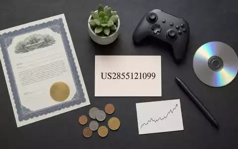 Electronic Arts Flatlay mit ISIN-Karte US2855121099 zeigt Aktienzertifikat und Videospiel-Controller auf Schiefer - Foto: THN