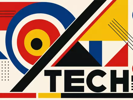 Bauhaus-Geometrieposter mit TECH-Schriftzug und Primärfarben symbolisiert den Electronic Arts Sektor ISIN US2855121099 - Foto: THN