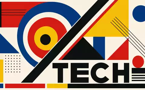 Bauhaus-Geometrieposter mit TECH-Schriftzug und Primärfarben symbolisiert den Electronic Arts Sektor ISIN US2855121099 - Foto: THN